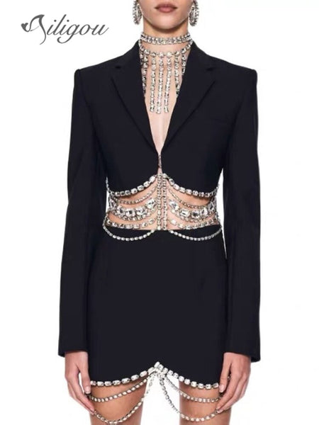Ailigou Blazer Mini Skirt Black Two-Piece Women Beaded Tassel High Waist Sexy Two-Piece Suit 2023 Summer Streetwear