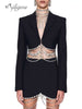 Ailigou Blazer Mini Skirt Black Two-Piece Women Beaded Tassel High Waist Sexy Two-Piece Suit 2023 Summer Streetwear