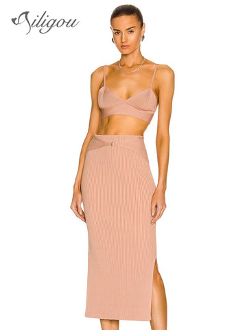 Ailigou Khaki Black Ribbed Bandage Women'S Two Piece With Coord Suit Crop Top Midi Skirt Sexy Holiday Party Summer 2023 Outfit