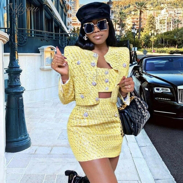 Ailigou Summer Lady Rhinestone Button Sequined Woolen Long Sleeve Jacket + Sling + Skirt 3-piece Sexy Banquet Set