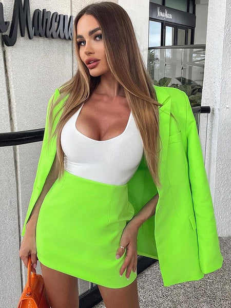 Ailigou Women's Office Ladies Pure Color Mini Skirt Set 2 Piece Two Piece Set Notch Jacket Blazer Short Sexy Party Set