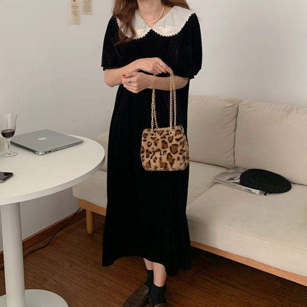 Alien Kitty 2022 Women French Retro Solid Dress Velvet Loose Gentle Short Sleeves Elegant Long Chic Female Clothe