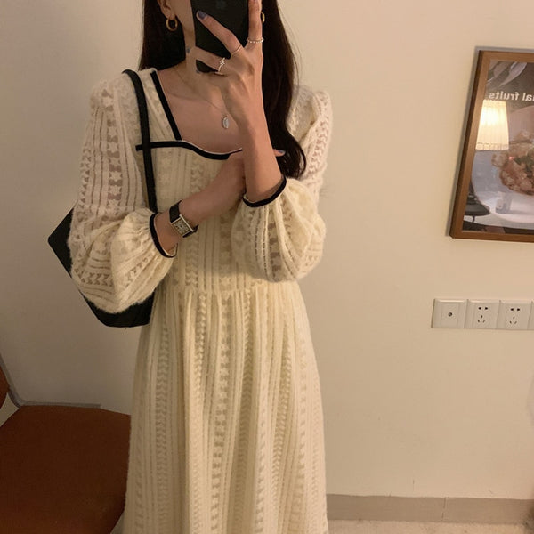 Alien Kitty 2022 Retro Elegance French Chic Loose Vestidos Elegant Square Collar High Waist  Women All Match Long Dresses