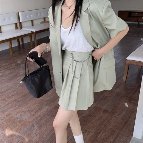 Alien Kitty 2022 Summer Women Suit Solid Color Casual Design Sense Blazer High Waist Thin A-Line Skirt Two-Piece Set