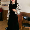 Alien Kitty Black Stand Patchwork Flare Sleeve Long Dress 2022 Velvet Chic Florals Stylish Autumn Elegant Retro Women Lady Robe