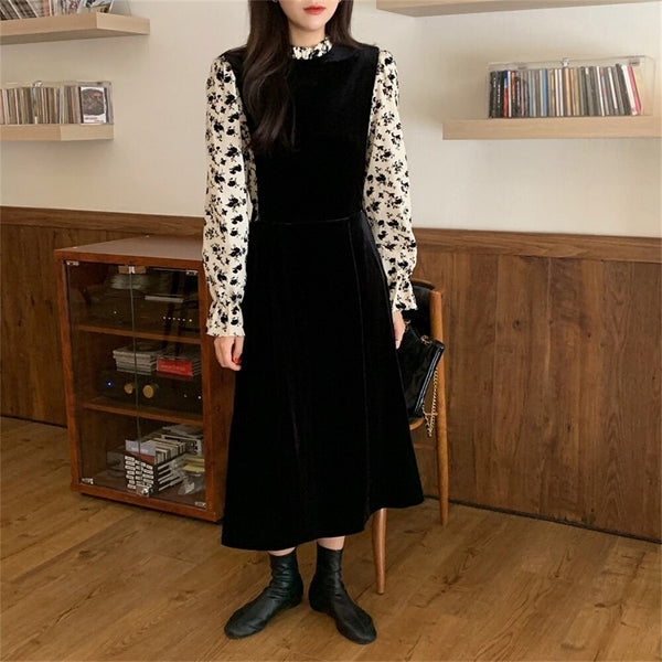 Alien Kitty Black Stand Patchwork Flare Sleeve Long Dress 2022 Velvet Chic Florals Stylish Autumn Elegant Retro Women Lady Robe