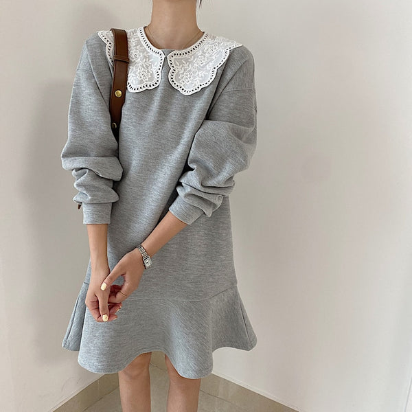 Alien Kitty Female Autumn Long Sleeves Dress Vestidos Peter Pan Collar Lace Romantic Women Loose Elegant Clothe