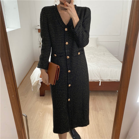 Alien Kitty Korea Woolen Slim V-Neck Maxi Dress Tassel Sweet 2022 Casual Elegant OL Plus Size Autumn Bottom Chic Party Femme