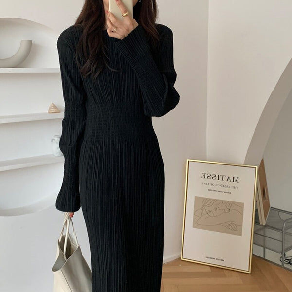 Alien Kitty O-Neck French Elegant Retro Black Dress Pleated 2022 Sheath Women Flare Sleeves Soft Chic Solid Long Autumn