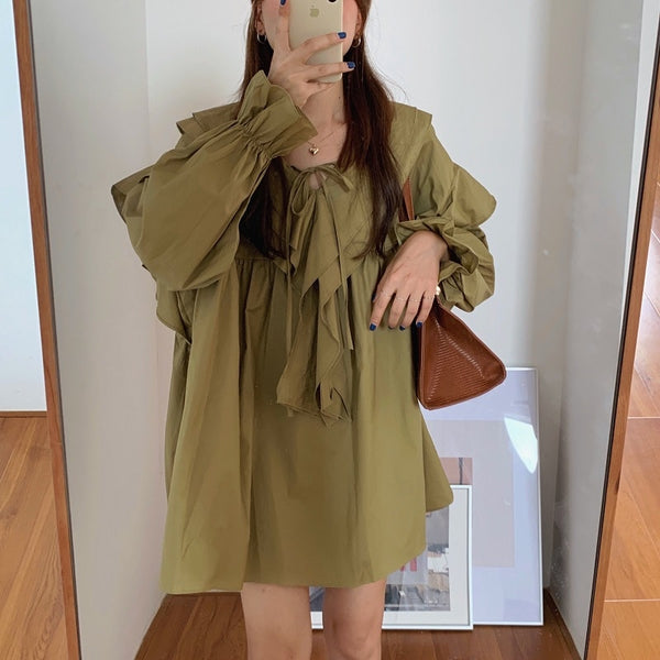 Alien Kitty Sweet Doll Dress Korean Style 2022 Autumn Dress Elegant Solid Ruffles Long Sleeve Sweet Dresses Vestidos