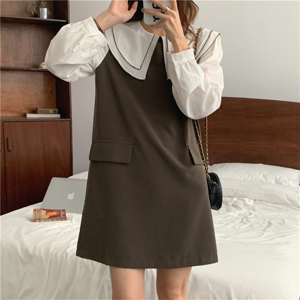 Alien Kitty Sweet Straight Dress Girls Peter Pan Collar Slim Casual Full Sleeves Elegant Retro Patchwork Robe Vestidos
