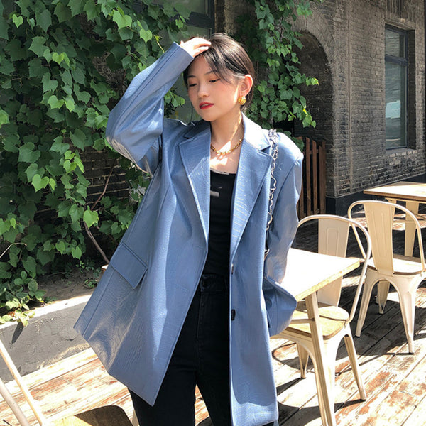 All-match Shiny Blue Crocodile Pattern Faux Leather Blazers Women Long Sleeve Jackets Casual Robe Femme Casaco Chaquetas