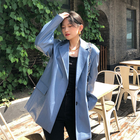 All-match Shiny Blue Crocodile Pattern Faux Leather Blazers Women Long Sleeve Jackets Casual Robe Femme Casaco Chaquetas
