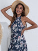 Alogant Summer Light Women's Dress 2022 Sleeveless Halter Neck Long Dresses Ruched Ruffle Vintage Floral Print Robe Maxi Dress