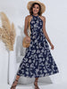 Alogant Summer Light Women's Dress 2022 Sleeveless Halter Neck Long Dresses Ruched Ruffle Vintage Floral Print Robe Maxi Dress