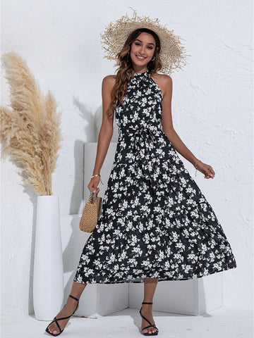 Alogant Summer Light Women's Dress 2022 Sleeveless Halter Neck Long Dresses Ruched Ruffle Vintage Floral Print Robe Maxi Dress
