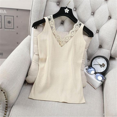 Women's Slim Knitting Tank Tops Sexy Lace Patchwork Solid Color All-matching Summer Casual Tops