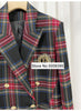 Amazing!!! Woman Red Checked Blazer Gold Buttons Double Breasted Long Sleeves Gem Rhinestone Appliques Suit