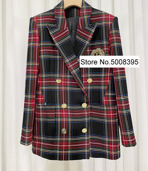 Amazing!!! Woman Red Checked Blazer Gold Buttons Double Breasted Long Sleeves Gem Rhinestone Appliques Suit