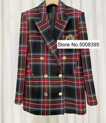 Amazing!!! Woman Red Checked Blazer Gold Buttons Double Breasted Long Sleeves Gem Rhinestone Appliques Suit