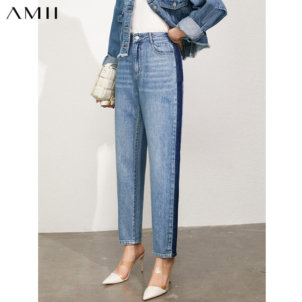 Amii Minimalism Jeans For Women Summer High Waist Side Striped Denim Pants Women's Casual Pants Female Straight Pant 12120244