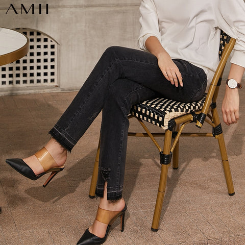 Amii Minimalism Spring Summer Causal Jeans For Women High Waist Slim Fit  Irregular Hem Pants Women's Jeans 12130096