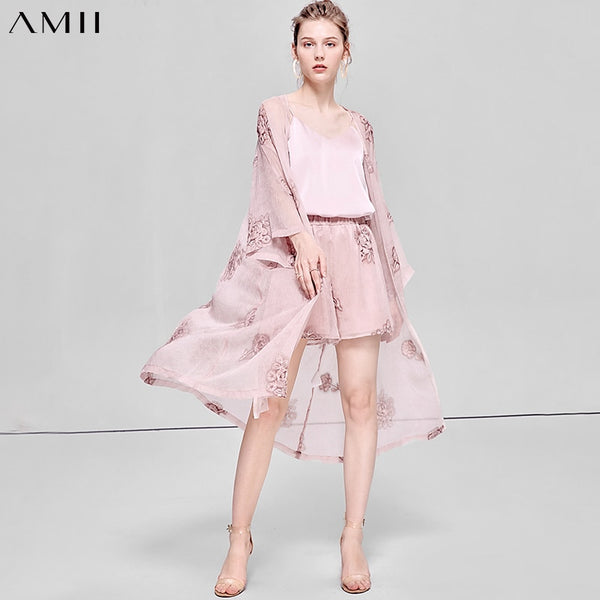 Amii Minimalism Summer Temperament Women's Coat Holiday Floral Embroidery Thin Women's Cardigan Causal Women's Shorts  11940222