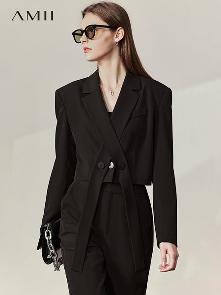 Amii Minimalism Summer Women's Suit Jacket Black Notched Full Sleeve Button Loose Blazer Coat Office Lady Blazers Woman 12240245