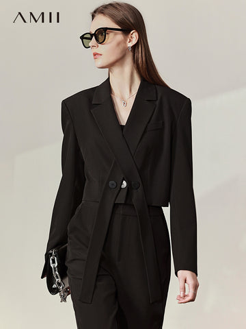 Amii Minimalism Summer Women's Suit Jacket Black Notched Full Sleeve Button Loose Blazer Coat Office Lady Blazers Woman 12240245