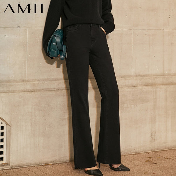 Amii Minimalism Winter Jeans For Women Solid Fleece Straight Female Trousers Causal Tassel Long Women's Pants  12030584