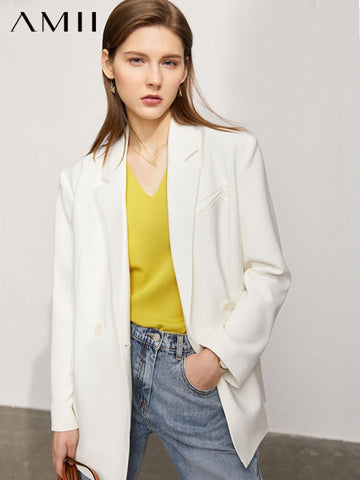 Amii Minimalism Women Blazers Autumn Elegant Notched Office Lady Suits Double Breasted Coats and Jackets For Women 12130198