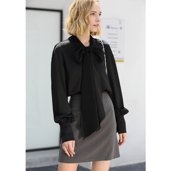 Office Lady Women 2022 Autumn Blouse Chic Bow Tie High Quality Original Design Female Blouses Shirts