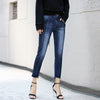Women Minimalist Denim Jeans 2022 Blue Bleach Wash Distressed Button Fly Female Skinny Pencil Pants