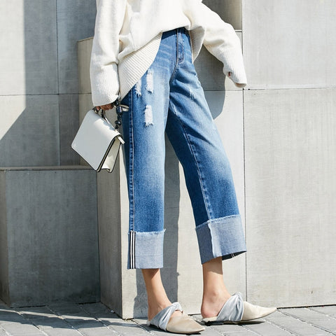 Women Minimalist Denim Jeans 2022 Blue Bleach Wash Distressed Ripped Button Fly Female Wide Leg Pants