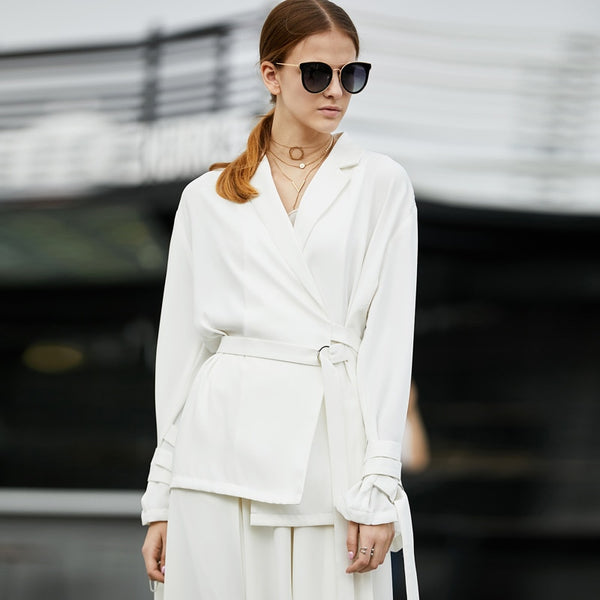 Women Office Lady Blazer High Quality Notched Formal with Belt  Female Suits Blazers