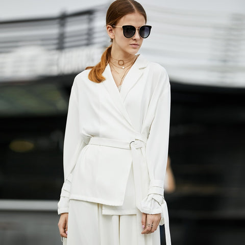 Women Office Lady Blazer High Quality Notched Formal with Belt  Female Suits Blazers