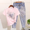 Amolapha Women Sequined Beaded 3D Flower Cotton T-shirt +Calf-length Jeans Clothing Sets Summer Mid Calf Jean Suits