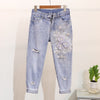 Amolapha Women Sequined Beaded 3D Flower Cotton T-shirt +Calf-length Jeans Clothing Sets Summer Mid Calf Jean Suits