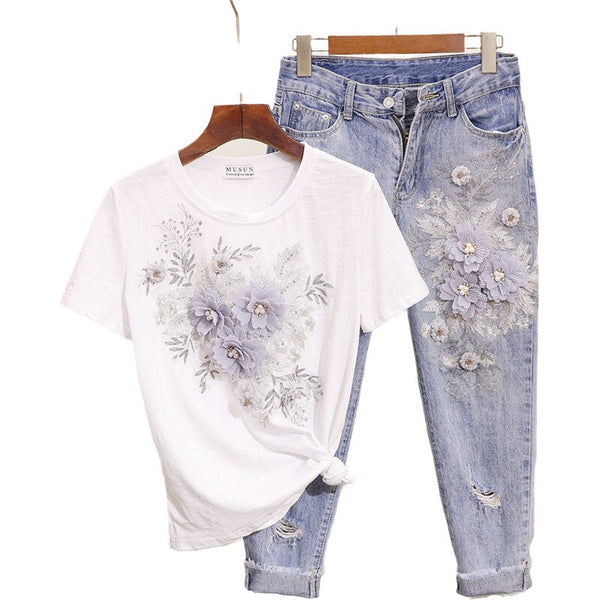Amolapha Women Sequined Beaded 3D Flower Cotton T-shirt +Calf-length Jeans Clothing Sets Summer Mid Calf Jean Suits