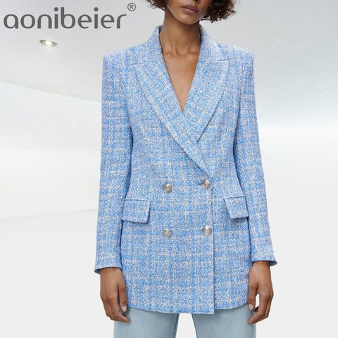 Aonibeier 2022 Spring Autumn Official Suit Sequin Double Row Button V-Neck Jacket Long Sleeve Pocket Blue Women's Suits Blazer
