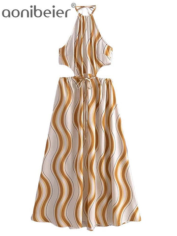 Aonibeier 2023 Summer Women Traf With Tied Bow Hollow Out Wave Print Midi Dress Sleeveless Backless High Waist Halter Dresses