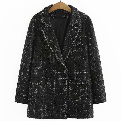 Aonibeier 2023   Woman Casual Traf Coats Autumn Tweed Woolen Long Jacket Oversized Double Breasted Loose Plaid Blazers 4XL