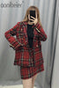 Aonibeier Spring Autumn Women Suits Plaid Skirt Set Double-Breasted Tweed Plaid Ladies Jacket Slim And Elegant Bust Two Piece