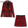 Aonibeier Spring Autumn Women Suits Plaid Skirt Set Double-Breasted Tweed Plaid Ladies Jacket Slim And Elegant Bust Two Piece