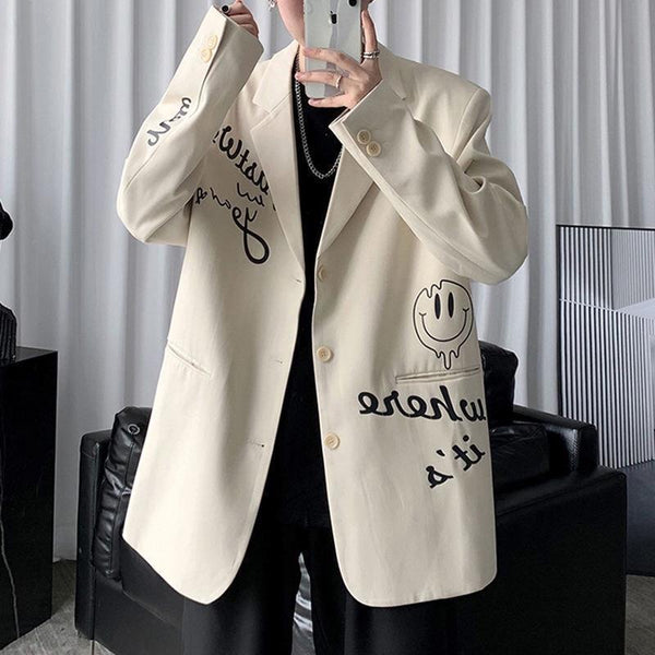 Apricot Letters Graffiti Oversized Blazer Women Jacket Coat Loose Streetwear Spring Outerwear 2023 Korean Style Office Lady