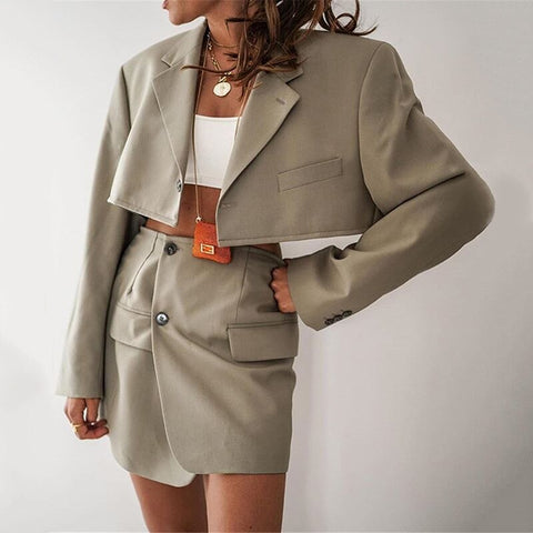 Apricot Outfits Female Suit and Skirt Set Mini Skirt Suits Long Sleeve Crop Blazer Top and Mini Skirt Matching Set Fall Clothes