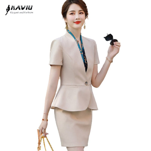 Apricot Suits Women 2022 Summer Short Sleeve Temperament Formal Business Blazer And Skirt Office Ladies two-piece overalls