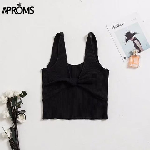 Casual V Neck Knot Tie Bow Knitted Tank Tops Women Summer Basic Top Streetwear Fashion 2022 Sleeveless Vest Tees Camis