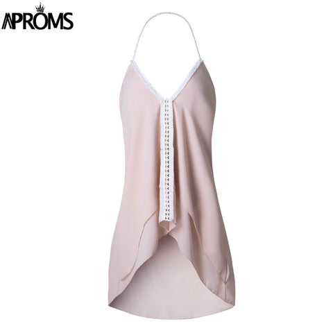 Elegant Crochet Lace Patchwork Camis Summer Casual Low Back Chiffon Tank Tops Women Streetwear Fashion Basic Nude Tees