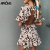 Elegant Ruffles Open Back Summer Dress Women Navy Floral Print Short MIni Dresses Flared Short Sleeve Dress Vestidos